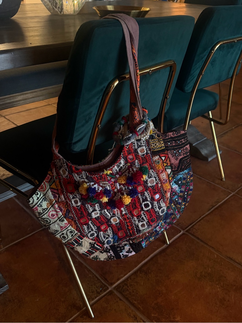 Vintage Handwoven Multicolor Boho Shoulder Bag with Pom Pom Accents
